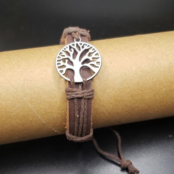 Tree of life brown leather adjustable bracelet - Picture 1 of 3